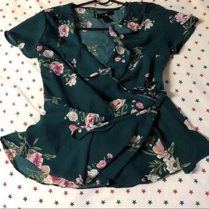 Green Floral Ruffles Wrap Top Peplum